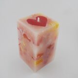 Quadrat Kerze mit Wachswürfel in Rot/Gelb/Orange und Rotem Herz on top "VON HERZEN", 10 x 6 x 6 cm, Das Allerbeste hier auf Erden, ist von dir geliebt zu werden!