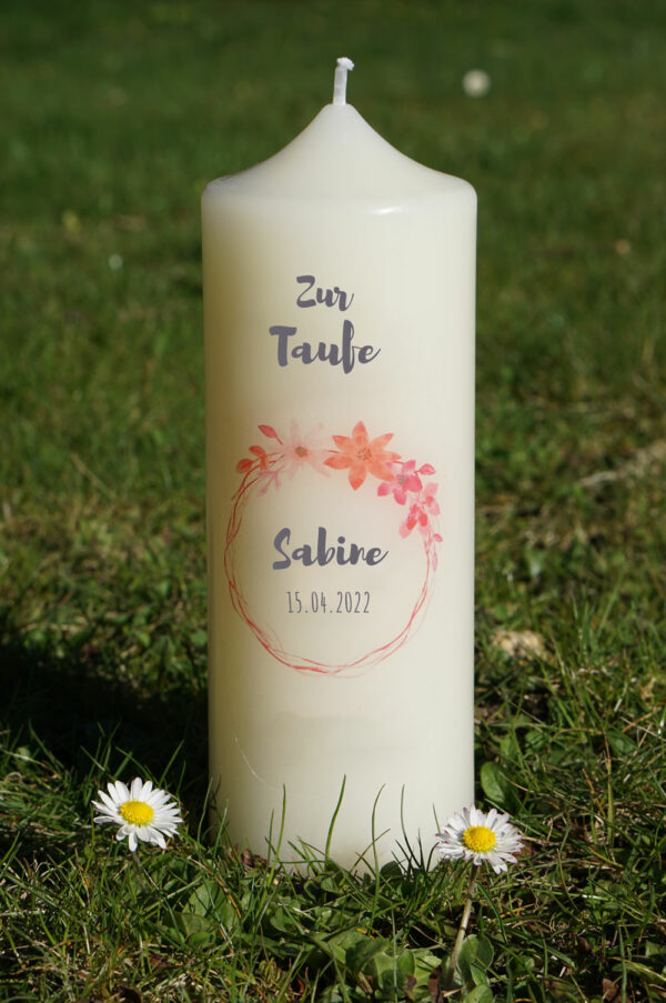 Taufkerze Mädchen "Rosa Blumenkranz", personalisiert