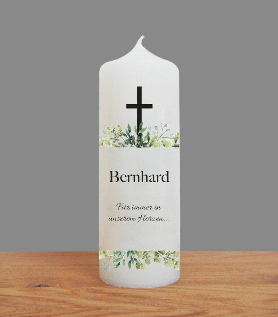 Trauerkerze "Kreuz und Blätterbordüren", 20 x 7 cm, Namen und Spruch