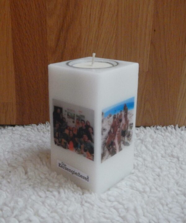 Foto Kerze mit Teelichteinsatz, quadratisch für 1 bis 4 Fotos geeignet, 6 x 6 x 11 cm, nachhaltig aus Recyclingwachs