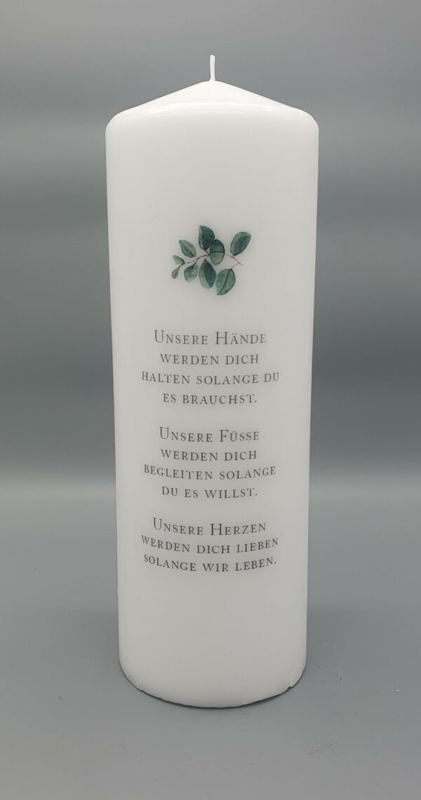 Premium Taufkerze "Blätterkranz" 30 x 8 cm, EXTRA GROSS, Druckmotiv, Taufspruch auf der Rückseite, personalisiert – Bild 3