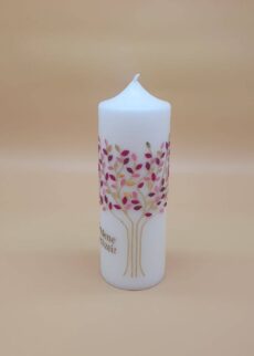 NACHHALTIGE Kerze zur Goldenen Hochzeit "Lebensbaum in Gold mit Blättern in Rosatönen", 20 x 7 cm, Wachsmotive, Aufschrift: Goldene Hochzeit, rechts die beiden Namen, personalisiert
