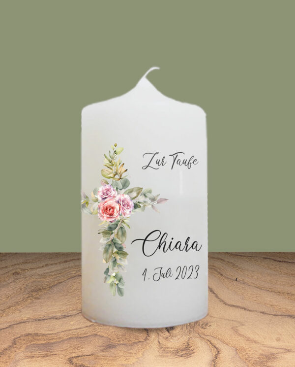 Taufkerze CHIARA Onlineshop Kreuz mit Rose zusammenstellung