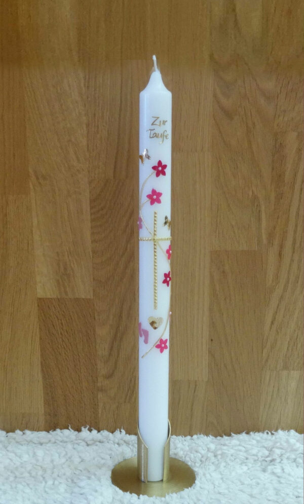 taufkerze rosa gold mit Babyfüßen