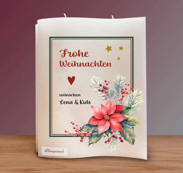 Weihnachtskerze für die OMA "Weihnachtsstern und Tannenzweige", Doppelwelle mit 2 Dochten, Druckmotiv, schöner Text