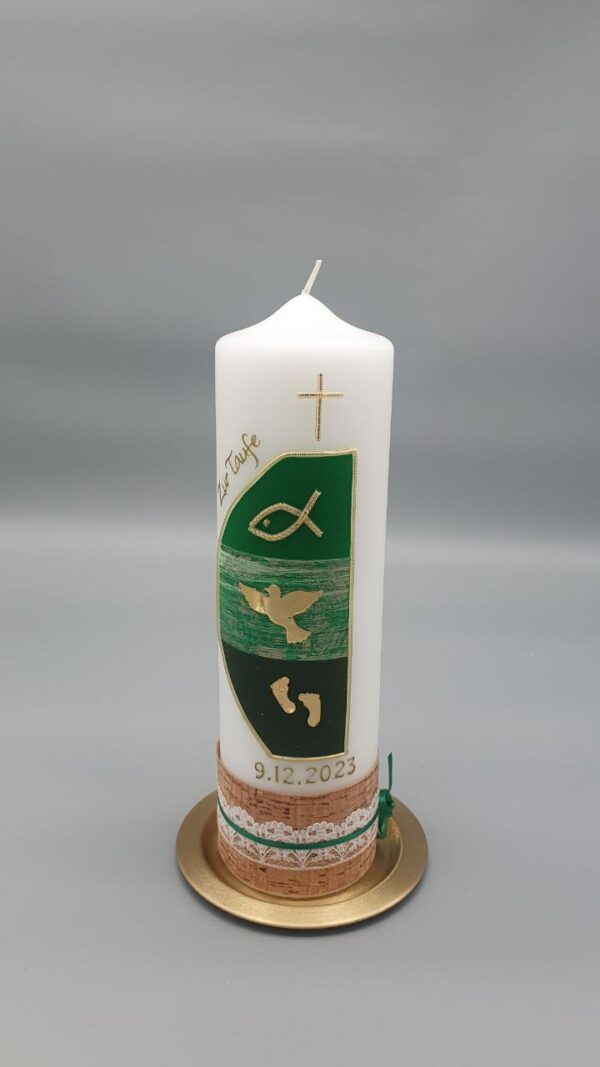 Taufkerze "Vintage grün christlich", 25 x 7 cm, Kreuz, Fisch, Taube, Babyfüße, Wachsmotive, Gold, verschiedene Bänder, personalisiert