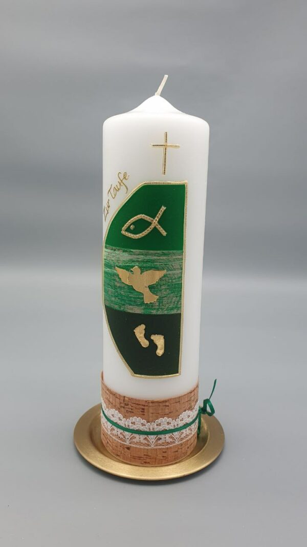 Taufkerze "Vintage grün christlich", 25 x 7 cm, Kreuz, Fisch, Taube, Babyfüße, Wachsmotive, Gold, verschiedene Bänder, personalisiert – Bild 2