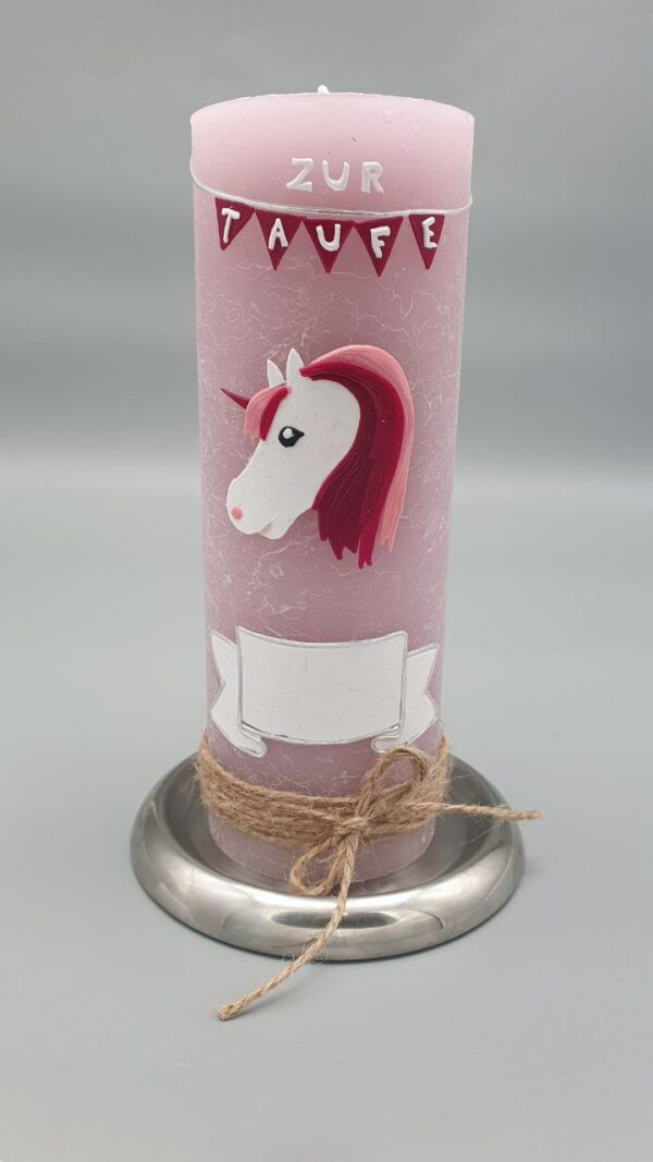 Einhorn Rustik rustic Taufkerze 19x7cm Lebenskerze Mädchen rosa