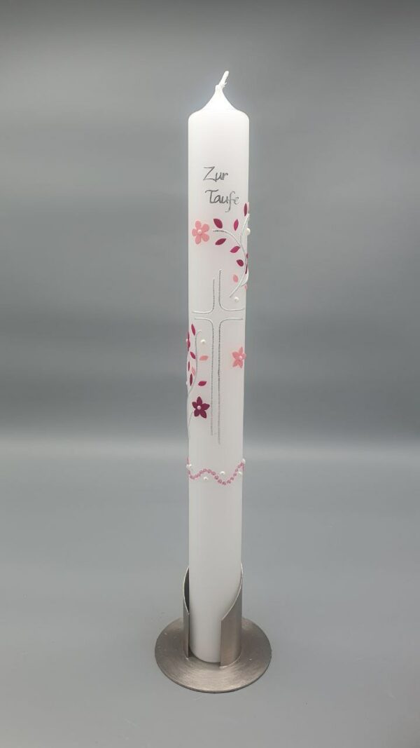 Taufkerze Mädchen "Modernes Kreuz in Silber mit Blätterranke in Rosatönen", Perlen, Rosa WELLENBORDÜRE MIT GLITZERSTEINEN, 40 x 4 cm, Wachsmotive,  personalisiert