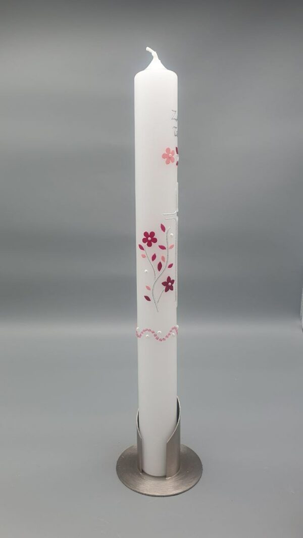 Taufkerze Mädchen "Modernes Kreuz in Silber mit Blätterranke in Rosatönen", Perlen, Rosa WELLENBORDÜRE MIT GLITZERSTEINEN, 40 x 4 cm, Wachsmotive,  personalisiert – Bild 2