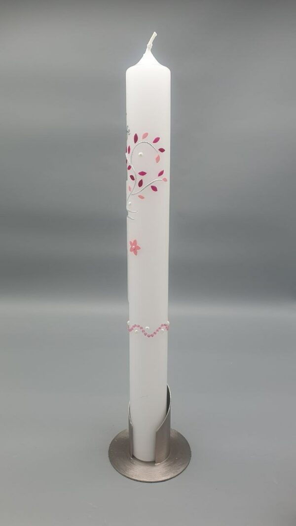 Taufkerze Mädchen "Modernes Kreuz in Silber mit Blätterranke in Rosatönen", Perlen, Rosa WELLENBORDÜRE MIT GLITZERSTEINEN, 40 x 4 cm, Wachsmotive,  personalisiert – Bild 3