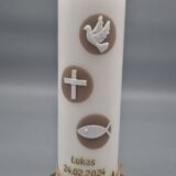 Premium Taufkerze, Lebenskerze, "Modern Motive in Taupe", 25 x 7 cm, Wachsmotive, schöne Bänder, personalisiert