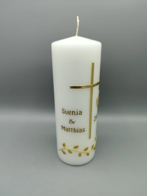 hochzeitskerze gold blaetterranke kreuz