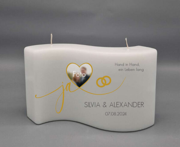 Hochzeitskerze, EXTRA GROSSE WELLE "Herz mit FOTO von euch",  26 x 15 x 4,5 cm, leicht glänzende Oberfläche, Druckmotiv, personalisiert