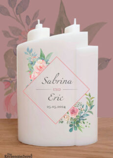 NACHHALTIGE Hochzeitskerze Ellipse mit 2 Dochte "Rosa Rahmen mit Rosa Blumenbouquets", Druckmotiv, personalisiert