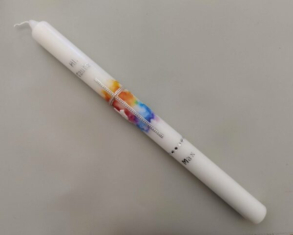 regenbogen taube gottes farben silbernes Kreuz bunte Taufkerze
