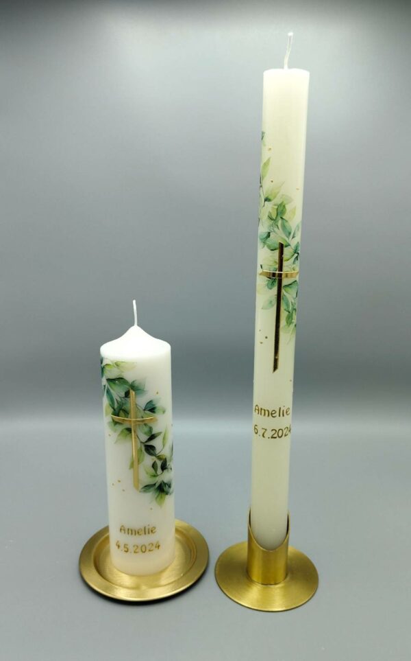 Taufkerzen-Set Blaetter goldenes Kreuz
