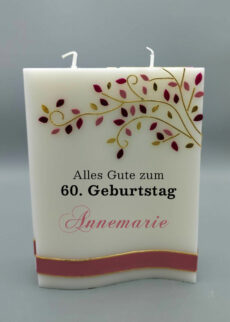 Geburtstagskerze zum 60er, rosa Blätter mit Beschriftung Glückwunschkerze Geschenkkerze