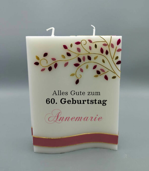 Geburtstagskerze zum 60er, rosa Blätter mit Beschriftung Glückwunschkerze Geschenkkerze