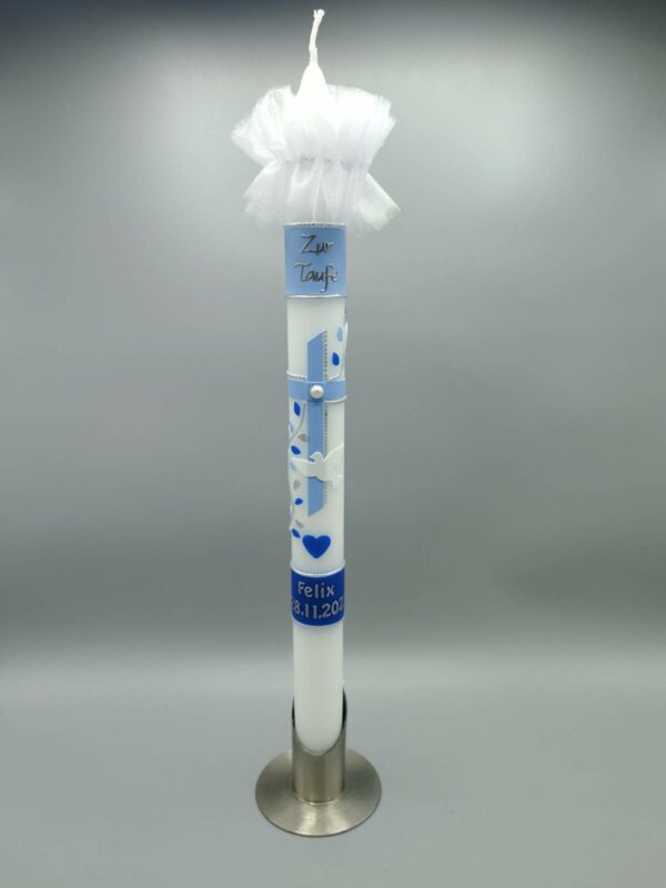 taufkerze blau mit tropfschutz blau mit ranke und taube, banderole blau