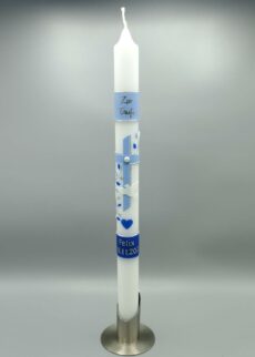 taufkerze blau mit tropfschutz blau mit ranke und taube, banderole blau