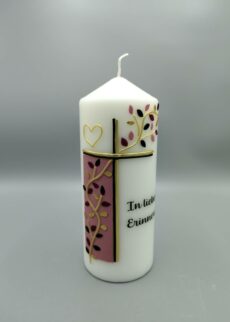 Trauerkerze rosa Blaetter und Herz Altrosa, schwarzes Kreuz, gold