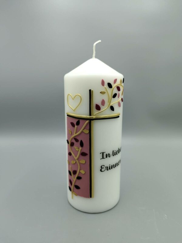 Trauerkerze rosa Blaetter und Herz Altrosa, schwarzes Kreuz, gold