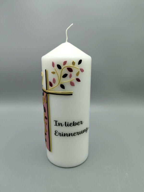 Trauerkerze rosa Blaetter und Herz Altrosa, schwarzes Kreuz, gold
