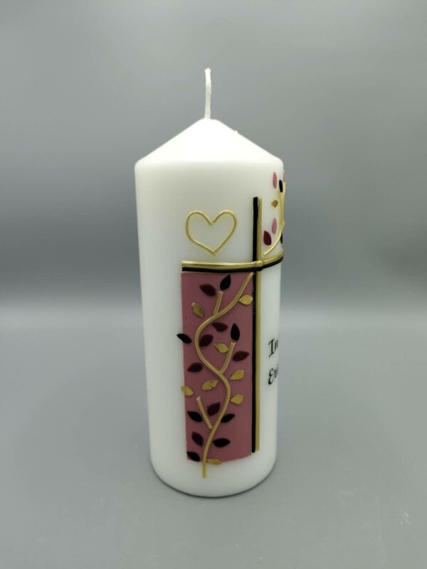 Trauerkerze rosa Blaetter und Herz Altrosa, schwarzes Kreuz, gold