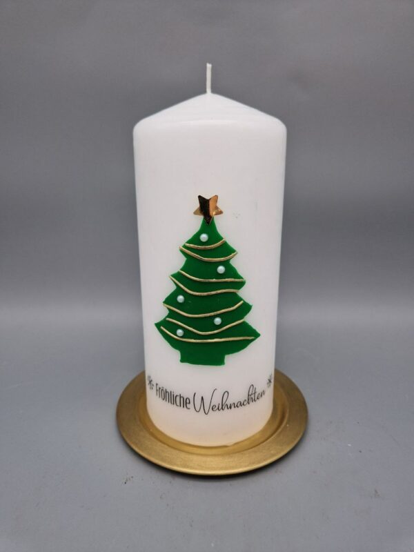 Stumpenkerze "Christbaum", 17 x 7,5 cm, Wachsmotiv, Schrift gedruckt, Perlen, Goldgirlanden – Bild 2