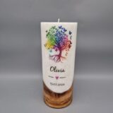 Taufkerze, Lebenskerze mit HOLZELEMENT und Teelichteinsatz Mädchen, "Bunter Lebensbaum mit Schmetterlingen", 20 x 8 cm, Druckmotiv, personalisiert – Bild 2