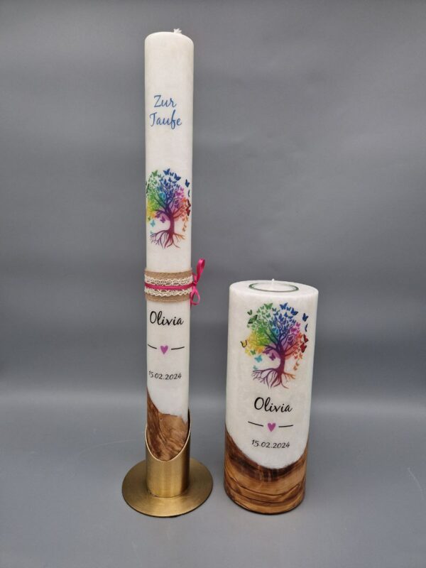 Premium Taufkerzen SET mit HOLZELEMENT und Teelicht Mädchen "Bunter Lebensbaum", 40 x 4 cm mit hübschen Bändern und 20 x 8 cm, Druckmotiv, personalisiert