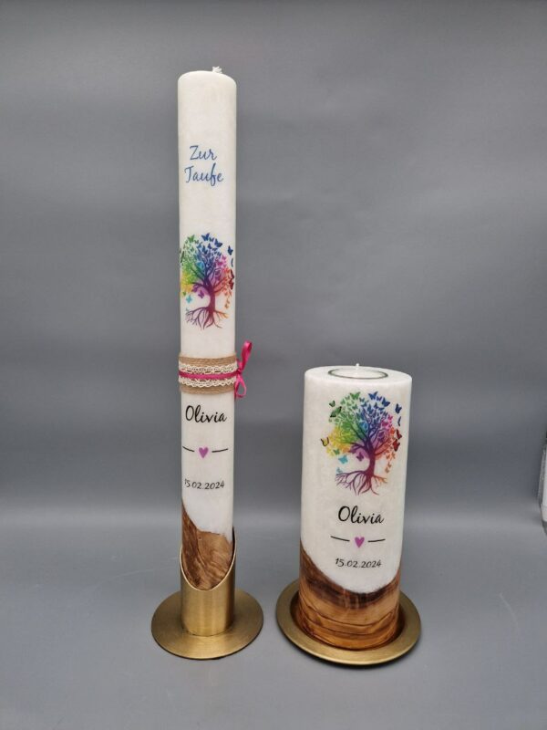 Premium Taufkerzen SET mit HOLZELEMENT und Teelicht Mädchen "Bunter Lebensbaum", 40 x 4 cm mit hübschen Bändern und 20 x 8 cm, Druckmotiv, personalisiert – Bild 2
