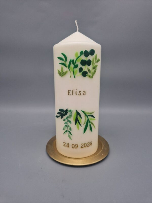 Trauerkerze "Blätterwald", Wachsmotive, 20 x 7 cm, personalisiert mit Namen, Geburts- und Sterbedatum – Bild 2