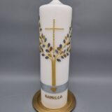 Trauerkerze "Kreuz und Lebensbaum in Gold mit Blättern in Gold, Silber und Grau", Stumpenkerze, 25 x 7 cm, Wachsmotive, personalisiert