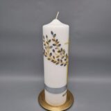 Trauerkerze "Kreuz und Lebensbaum in Gold mit Blättern in Gold, Silber und Grau", Stumpenkerze, 25 x 7 cm, Wachsmotive, personalisiert – Bild 2