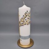 Trauerkerze "Kreuz und Lebensbaum in Gold mit Blättern in Gold, Silber und Grau", Stumpenkerze, 25 x 7 cm, Wachsmotive, personalisiert – Bild 3