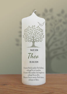Stumpenkerze_7cm_TK_onlineshop-taupe-olivgruen Lebensbaum mit Taube silber
