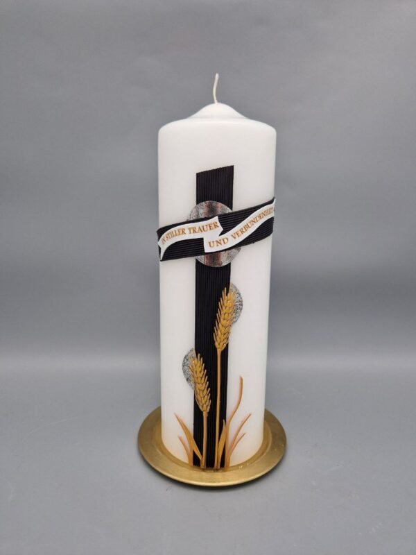 Trauerkerze exklusiv "Kreuz und Ähren", 25 x 8 cm, schöner Trauerspruch, Wachsmotiv aufwendig und edel gestaltet, Vorname senkrecht geschrieben möglich