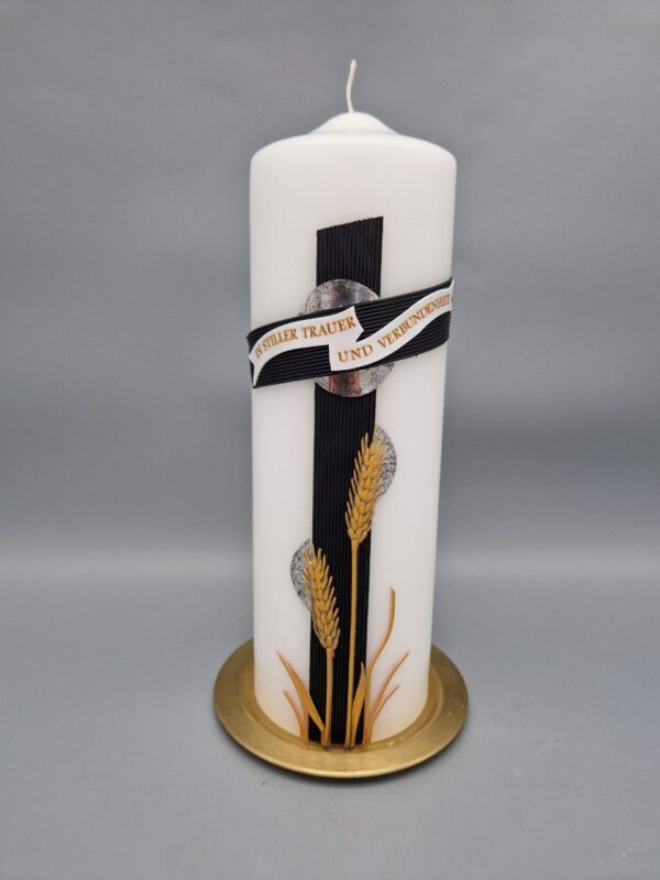 Trauerkerze exklusiv "Kreuz und Ähren", 25 x 8 cm, schöner Trauerspruch, Wachsmotiv aufwendig und edel gestaltet, Vorname senkrecht geschrieben möglich – Bild 6