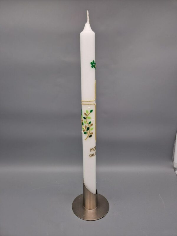 Taufkerze Junge "Modernes Kreuz in Gold mit Blätterranke in Grüntönen", 40 x 3 cm, Perlen, Wachsmotive, personalisiert – Bild 4