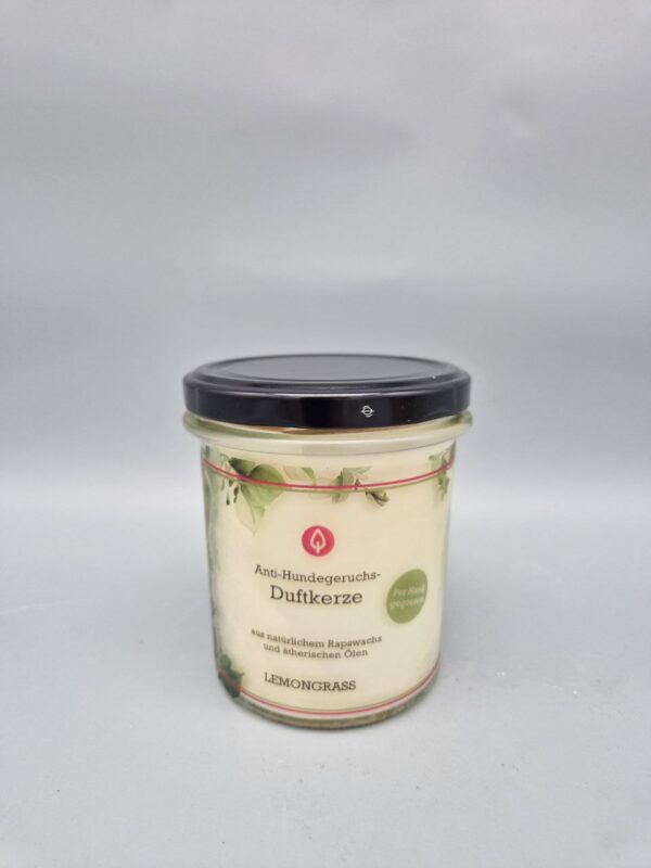 Natürliche Duftkerze im Glas mit Deckel GEGEN HUNDEGERUCH - Lemongrass-Duft aus ätherischen Ölen, RAPSWACHS, handgefertigt – Bild 2
