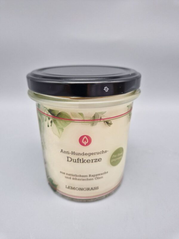 Natürliche Duftkerze im Glas mit Deckel GEGEN HUNDEGERUCH - Lemongrass-Duft aus ätherischen Ölen, RAPSWACHS, handgefertigt