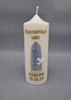 PATENKERZE für Taufpate, Taufpatin, Patenonkel etc. passend zur Taufkerze Junge "Hellblaues Kirchenfenster mit Kreuz, Taube, Fische", 15 x 6 cm, Wachsmotive, personalisiert