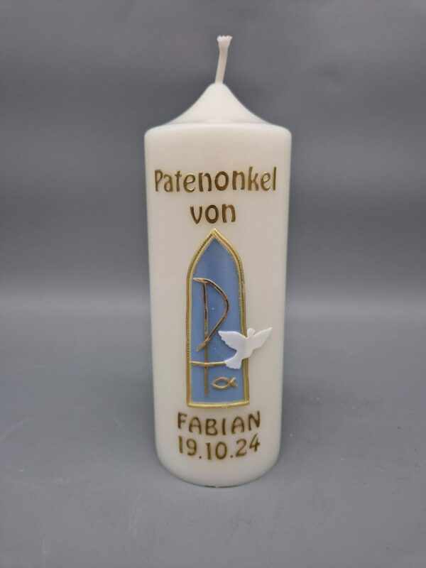 PATENKERZE für Taufpate, Taufpatin, Patenonkel etc. passend zur Taufkerze Junge "Hellblaues Kirchenfenster mit Kreuz, Taube, Fische", 15 x 6 cm, Wachsmotive, personalisiert