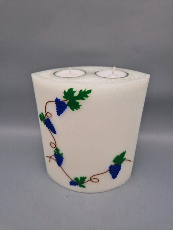 Premium Geburtstagskerze "Weintrauben und Weinblätter" zum 80er, 85er, 90er etc. Ovale Kerze mit 2 Teelichtern, aus Recyclingwachs, Wachsmotiv, 19 x 14 x 8 cm, personalisiert – Bild 4