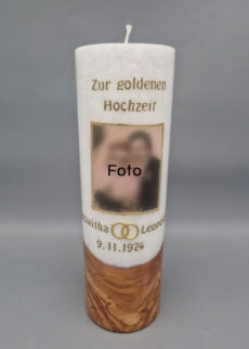 Premium Stumpenkerze mit Echtholzstück und Docht, 25 x 8 cm, zur Goldenen Hochzeit mit Foto, Wachs und Druck