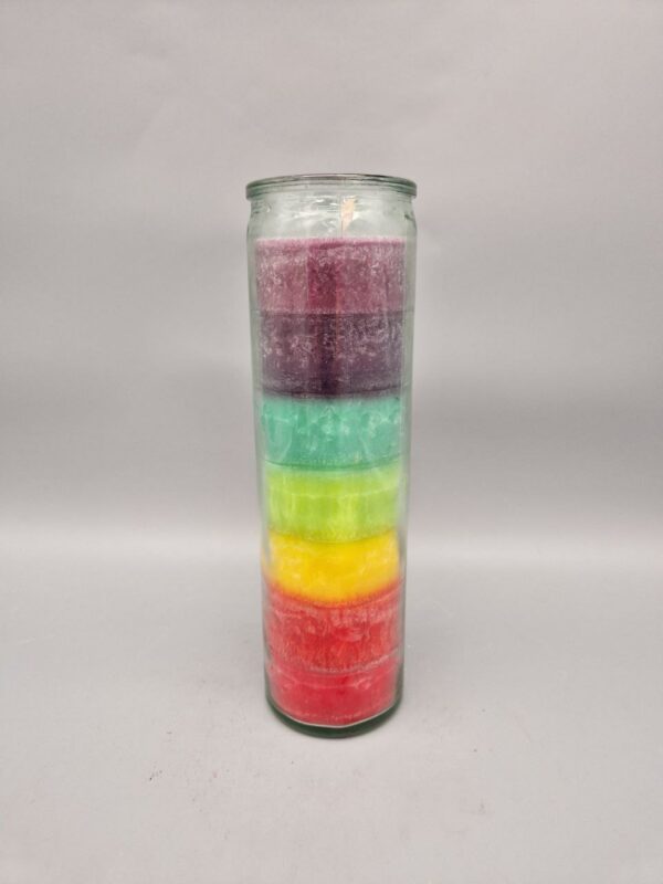 Regenbogenkerze aus Stearin im Glas "Süßer Weihnachtsduft", Chakra, Yantra, 21 x 6 cm