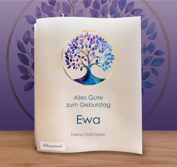 Geburtstagskerze Doppelwelle mit 2 Dochte "Lebensbaum Lila-Blau-Töne", 20 x 7 cm, Druckmotiv, Recycling-Wachs, Text, personalisiert