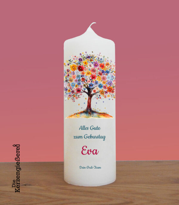 Geburtstagskerze "Flower-Tree", 20 x 7 cm, Druckmotiv, Recycling-Wachs, personalisiert